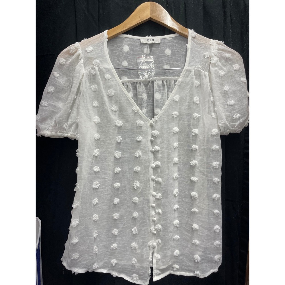 E&M White Clip Dot Button Front Puff Sleeve V-Neck Blouse Small NWT